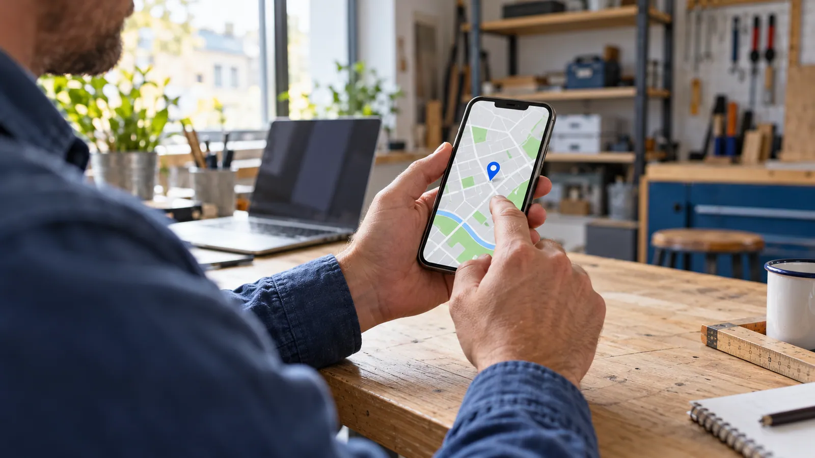 Hände eines Betriebsinhabers mit Smartphone und einer symbolischen Kartenansicht am Schreibtisch einer Werkstatt