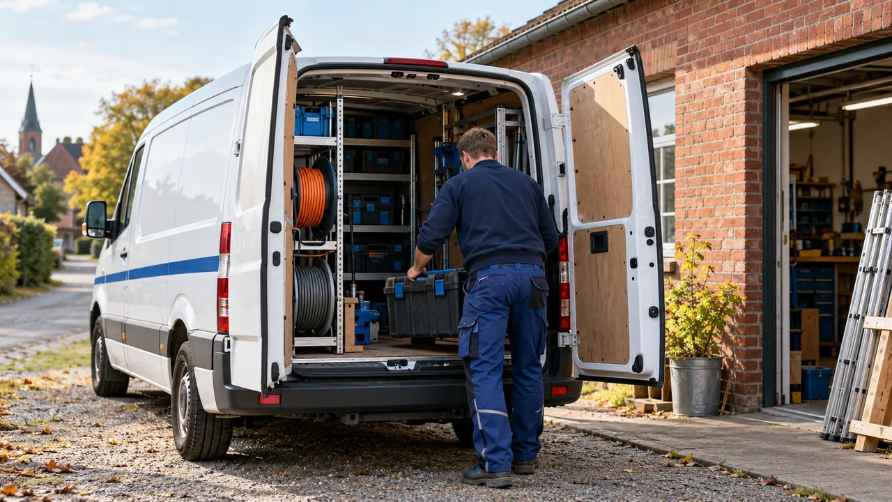 Ein Handwerker lädt Werkzeug in einen weißen Transporter vor einer kleinen Werkstatt