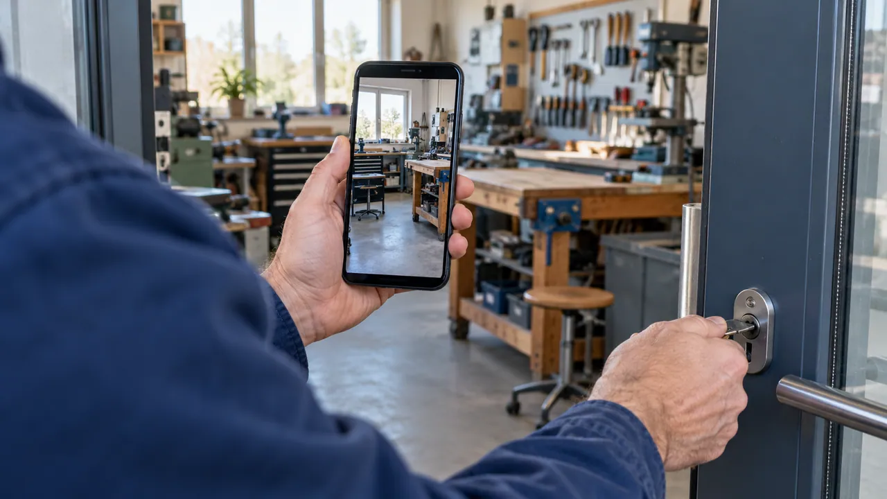 Eine Person filmt mit einem Smartphone die eigene Werkstatt und schließt deren Tür auf