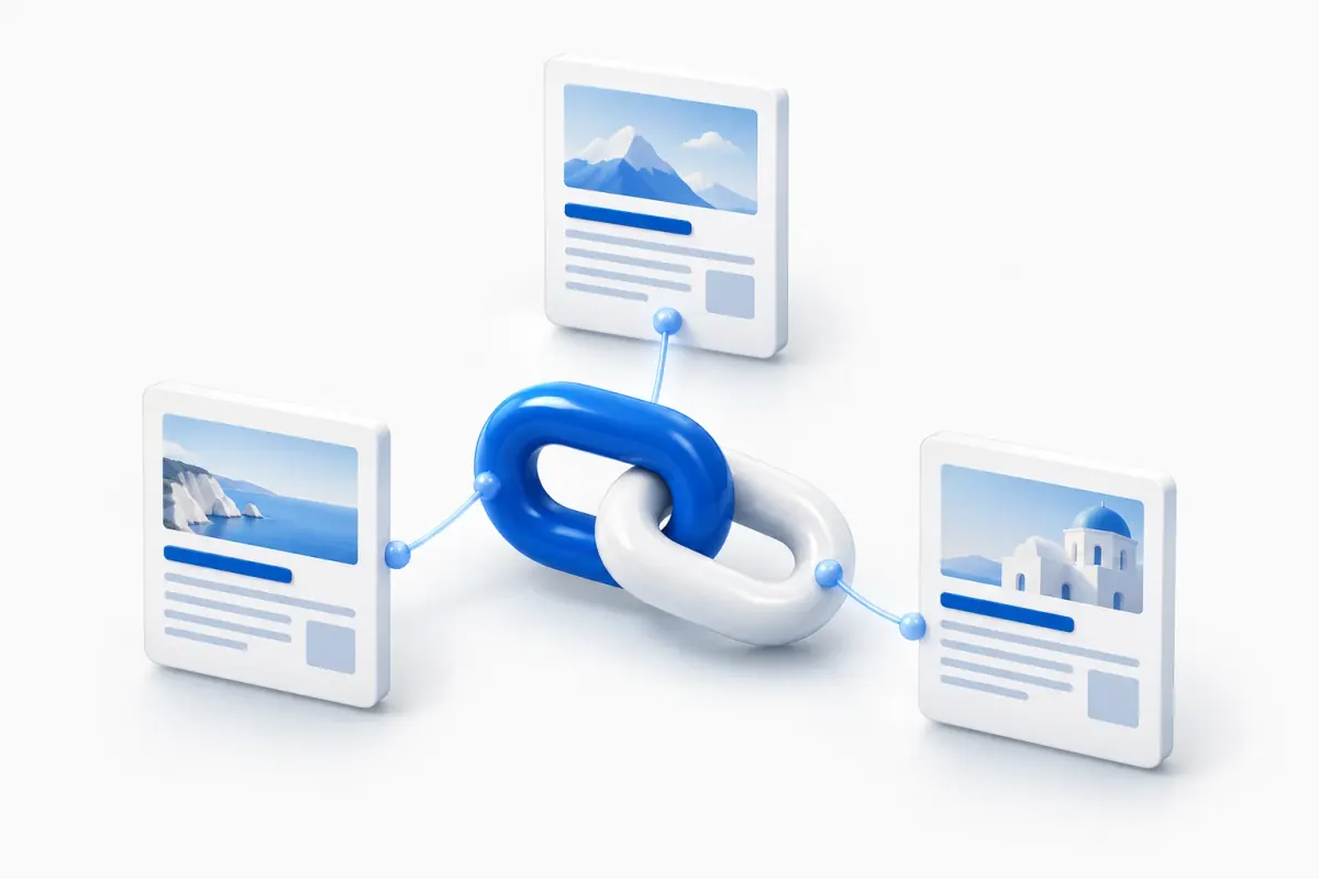 3D-Illustration von einem blauen und einem weißen Kettenglied, die über blaue Linien mit drei Webseiten verbunden sind