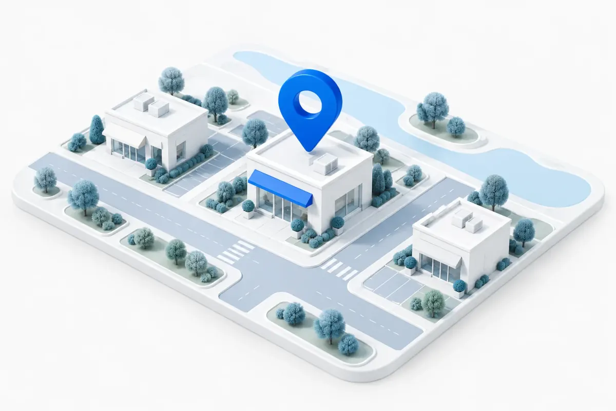 3D-Illustration eines Geschäfts mit blauer Markise und Standort-Pin auf einer Stadtkarte mit Straßen, Bäumen und Fluss