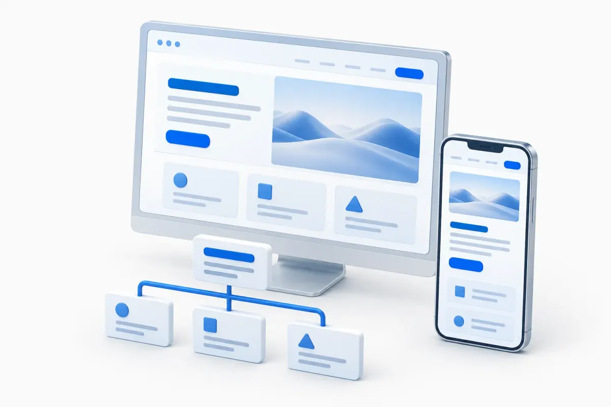 3D-Illustration einer Website auf Desktop-Monitor und Smartphone mit blauen Schaltflächen und verbundenen Karten für die Seitenstruktur