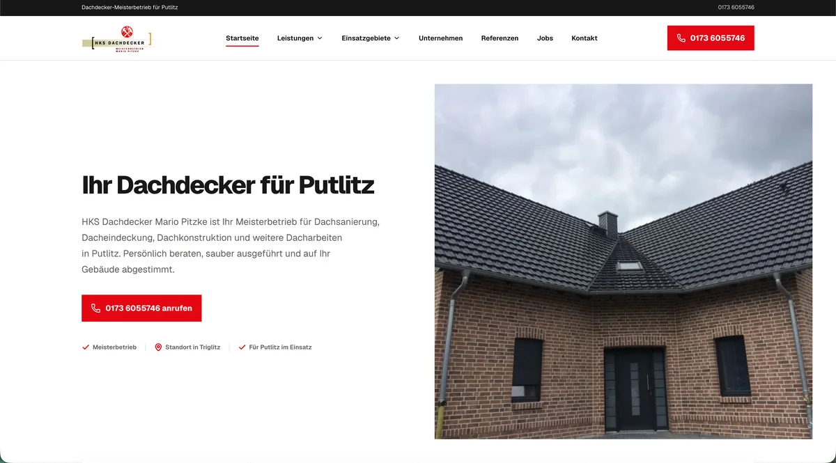 Screenshot der neuen Pitzke-Website mit Dachdecker-Leistung für Putlitz, rotem Anrufbutton, Navigation und großem Projektfoto